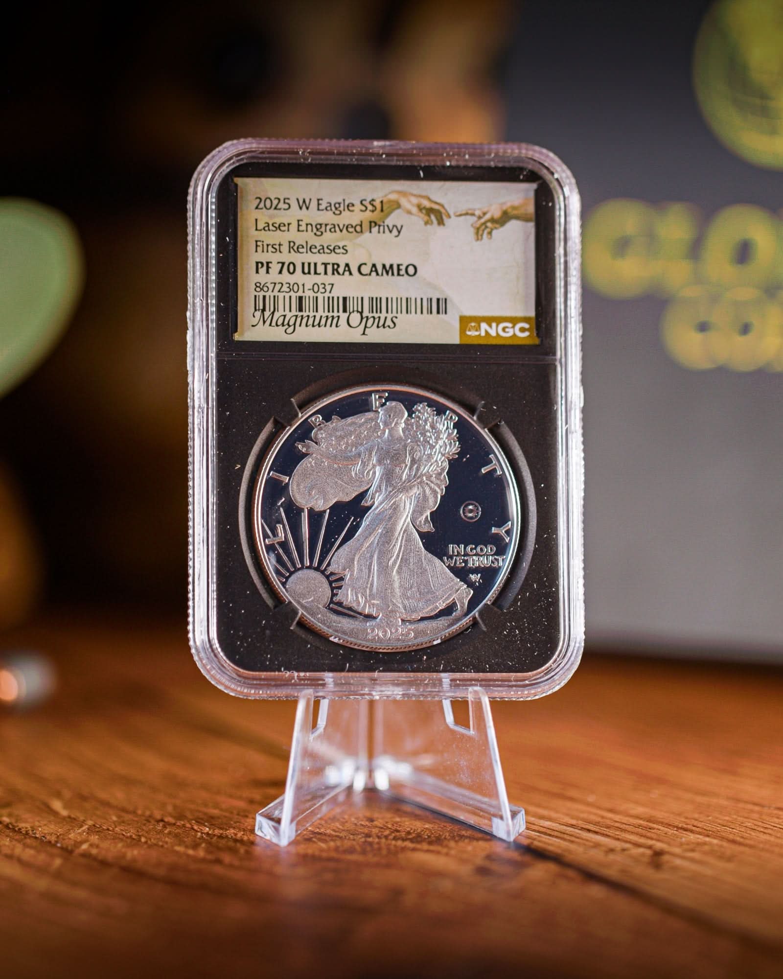 2025-W Proof American Silver Eagle | Laser Engraved Privy Mark First Day of Issue NGC PF70 Magnum Opus Label