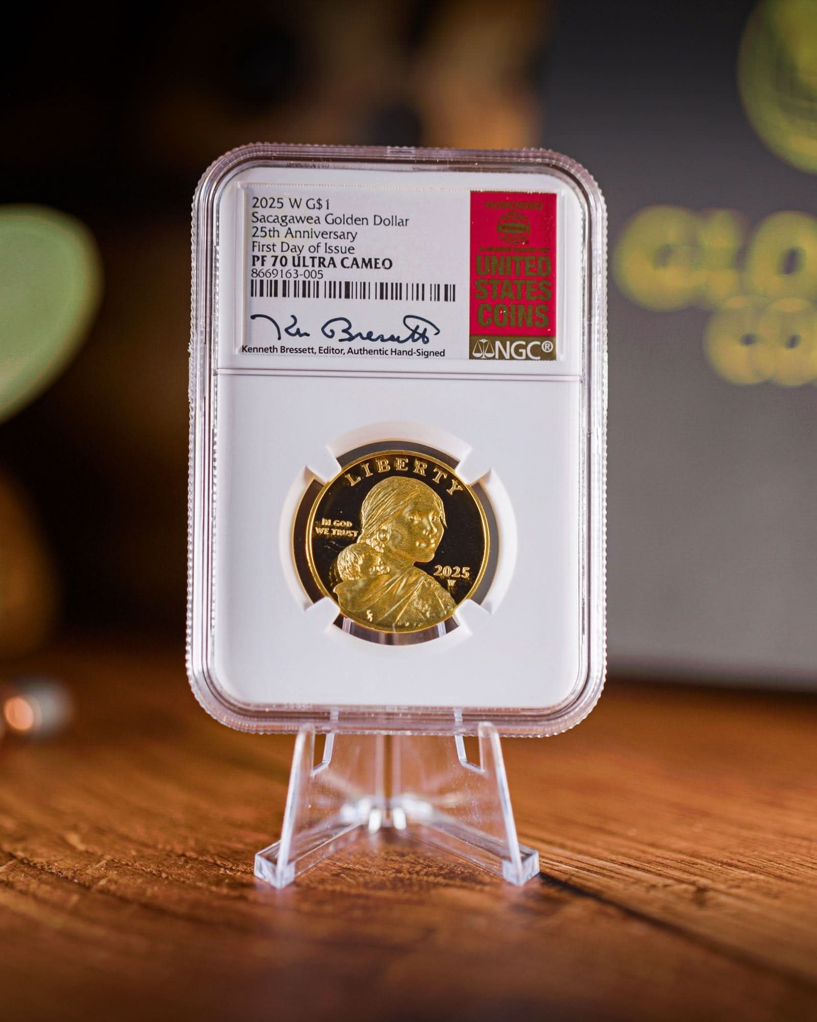 2025-W Sacagawea Gold 25th Anniversary Coin | First Day of Issue NGC PR70DCAM | Kenneth Bressett Autographed