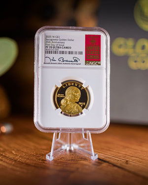 2025-W Sacagawea Gold 25th Anniversary Coin | First Day of Issue NGC PR70DCAM | Kenneth Bressett Autographed