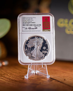 2025-W U.S. Army "250th Anniversary Privy" Silver Eagle |  First Day of Issue NGC PF70 | Kenneth Bressett Autographed
