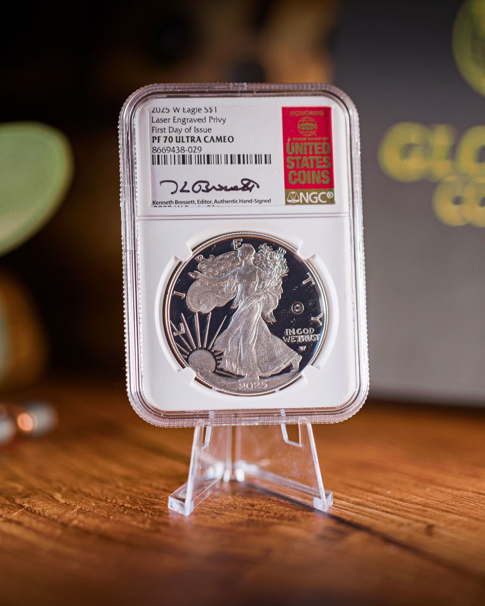 2025-W Laser Engraved Privy Proof Silver Eagle | First Day of Issue NGC PF70 |Kenneth Bressett Autographed