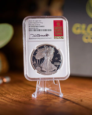 2025-W Laser Engraved Privy Proof Silver Eagle | First Day of Issue NGC PF70 |Kenneth Bressett Autographed