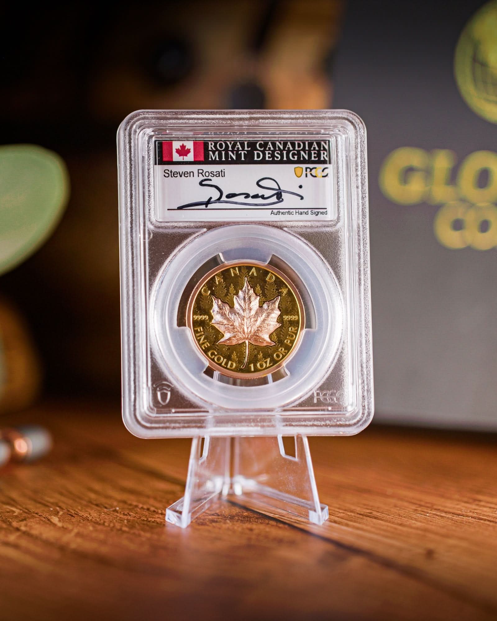 2025 Ultra High Relief 1 oz Gold Maple Leaf Reverse Proof Coin | First Day of Issue PCGS PR70 | Steven Rosati Autographed