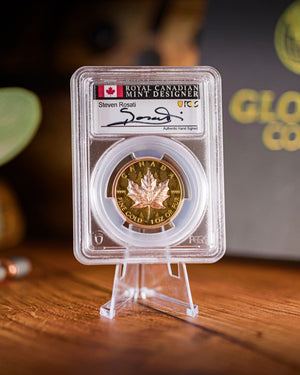 2025 Ultra High Relief 1 oz Gold Maple Leaf Reverse Proof Coin | First Day of Issue PCGS PR70 | Steven Rosati Autographed