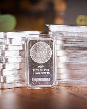 5 Troy oz .999 Fine Silver Bar - Morgan Dollar Design