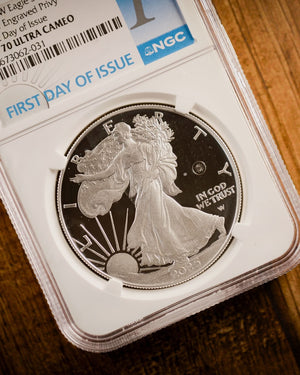 2025-W American Silver Eagle | Laser Engraved Privy Mark First Day of Issue NGC PF70