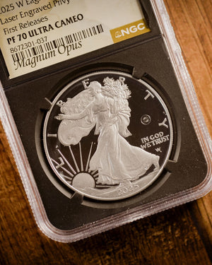 2025-W Proof American Silver Eagle | Laser Engraved Privy Mark First Day of Issue NGC PF70 Magnum Opus Label