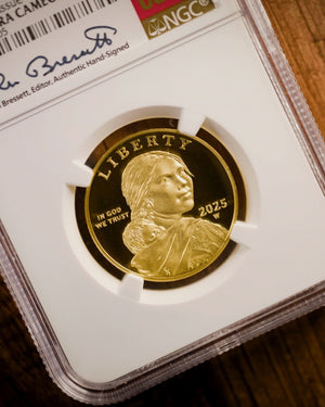 2025-W Sacagawea Gold 25th Anniversary Coin | First Day of Issue NGC PR70DCAM | Kenneth Bressett Autographed