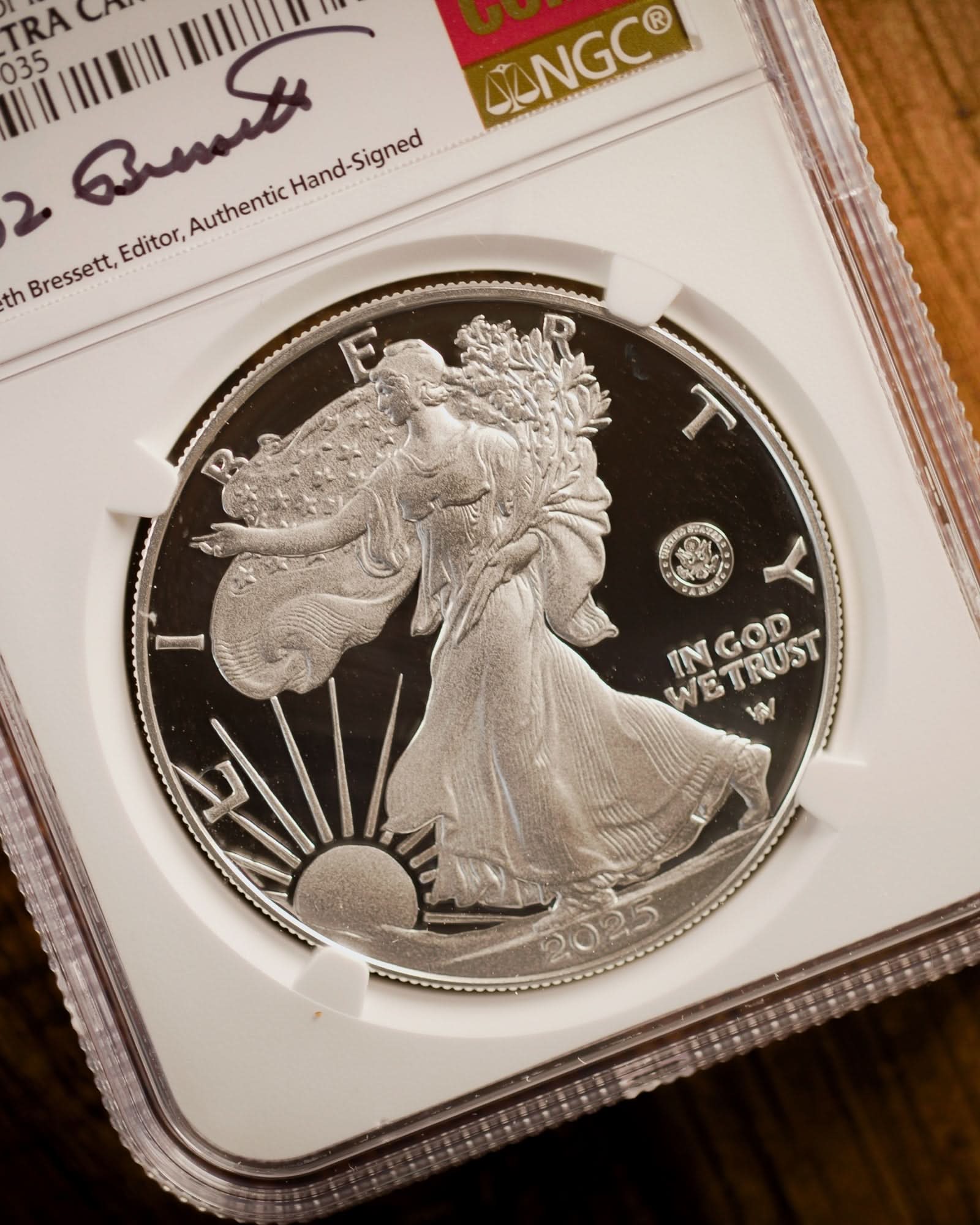 2025-W U.S. Army "250th Anniversary Privy" Silver Eagle |  First Day of Issue NGC PF70 | Kenneth Bressett Autographed