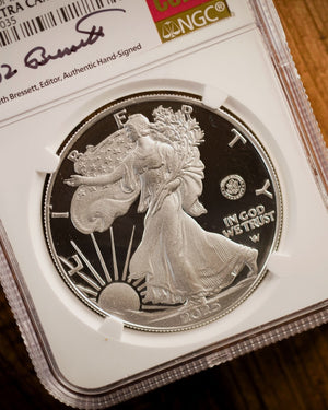 2025-W U.S. Army "250th Anniversary Privy" Silver Eagle |  First Day of Issue NGC PF70 | Kenneth Bressett Autographed