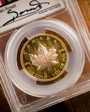 2025 Ultra High Relief 1 oz Gold Maple Leaf Reverse Proof Coin | First Day of Issue PCGS PR70 | Steven Rosati Autographed