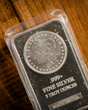 5 Troy oz .999 Fine Silver Bar - Morgan Dollar Design