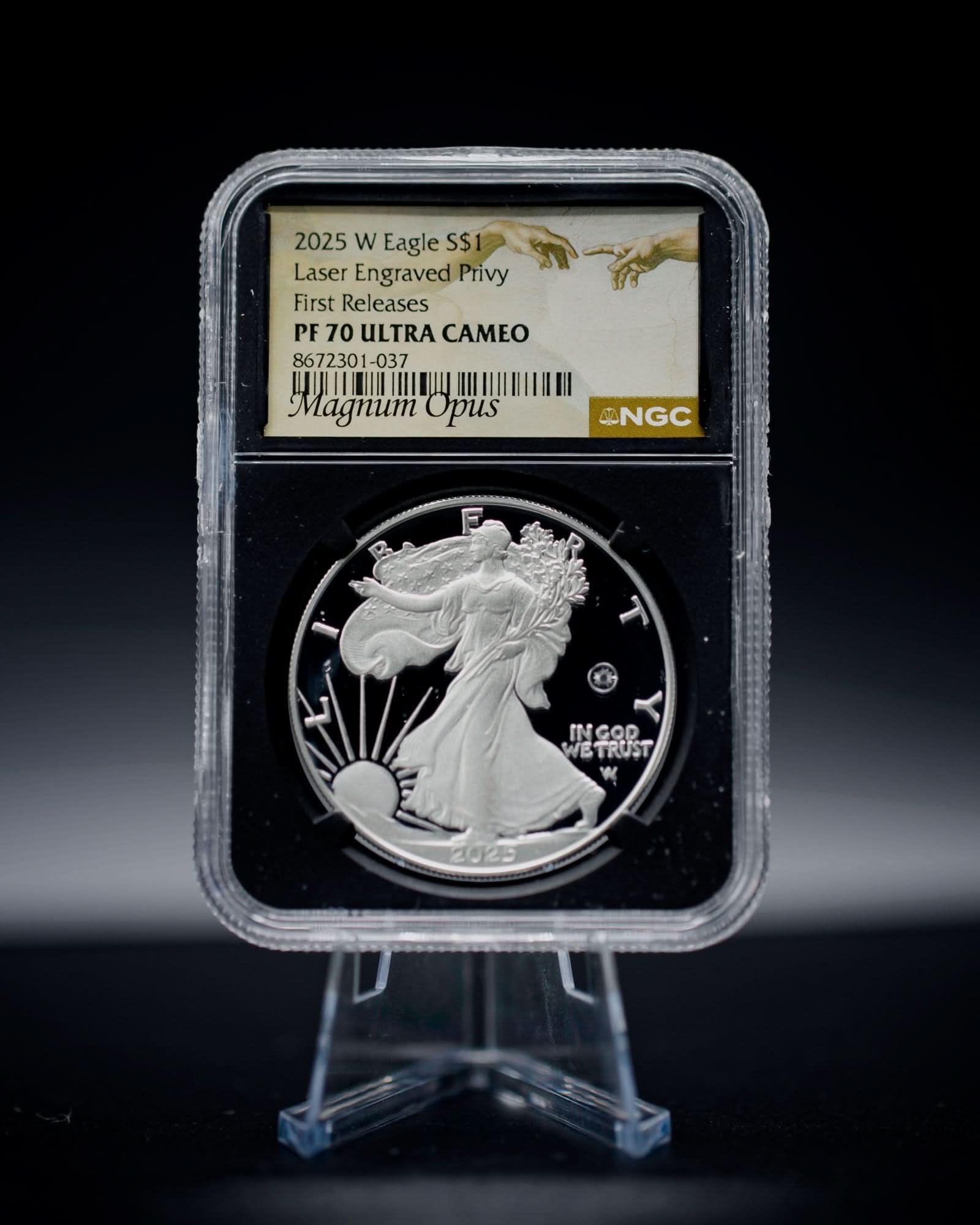 2025-W Proof American Silver Eagle | Laser Engraved Privy Mark First Day of Issue NGC PF70 Magnum Opus Label