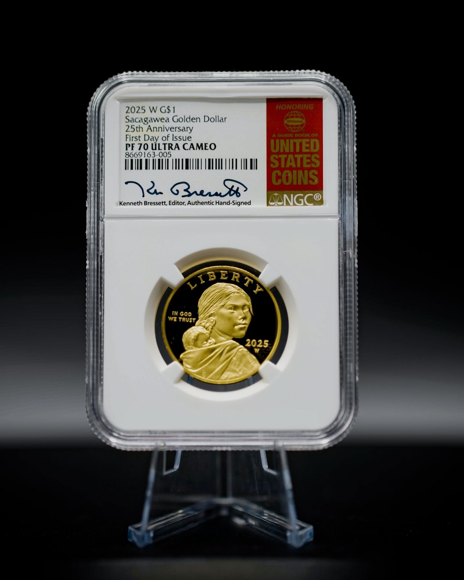 2025-W Sacagawea Gold 25th Anniversary Coin | First Day of Issue NGC PR70DCAM | Kenneth Bressett Autographed