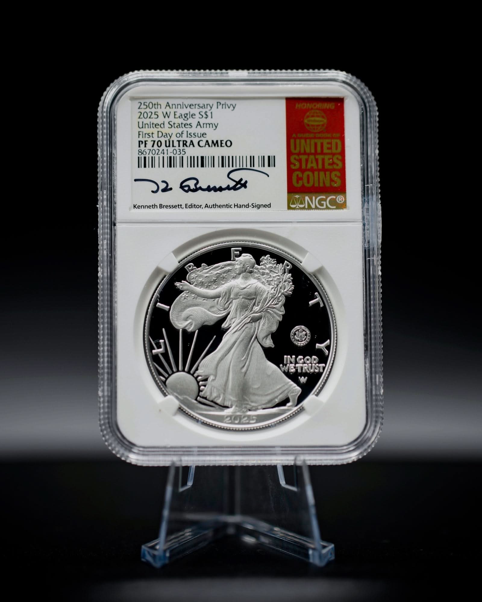 2025-W U.S. Army "250th Anniversary Privy" Silver Eagle |  First Day of Issue NGC PF70 | Kenneth Bressett Autographed