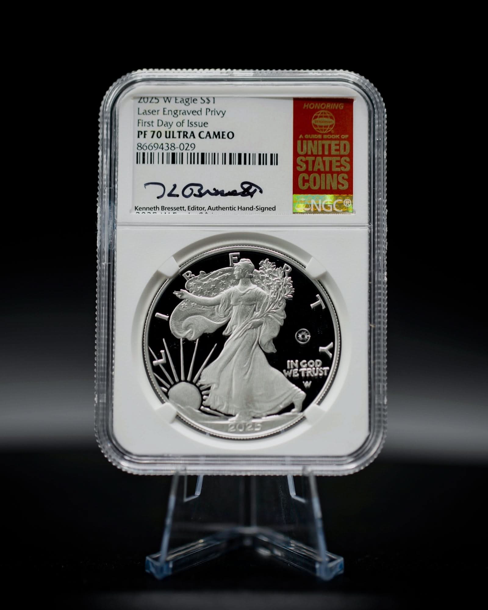 2025-W Laser Engraved Privy Proof Silver Eagle | First Day of Issue NGC PF70 |Kenneth Bressett Autographed
