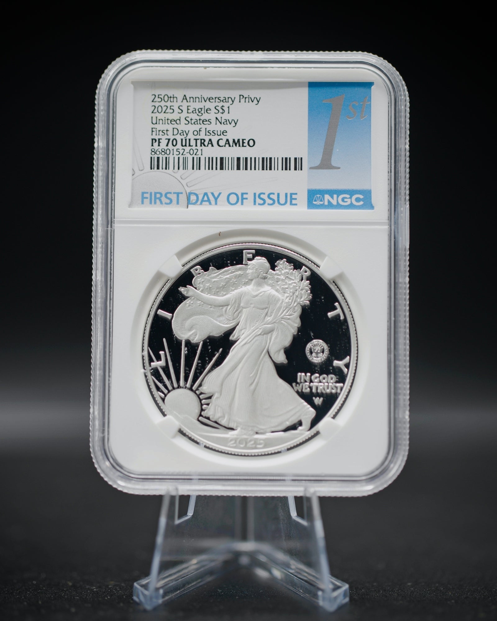 2025 "250th Anniversary Privy" Silver Eagle United States Navy | First Day of Issue PF70 Ultra Cameo