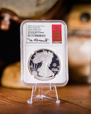 2025-W U.S. Navy 250th Anniversary Privy Proof Silver Eagle | NGC PF70 Ultra Cameo First Day of Issue | Kenneth Bressett Autographed