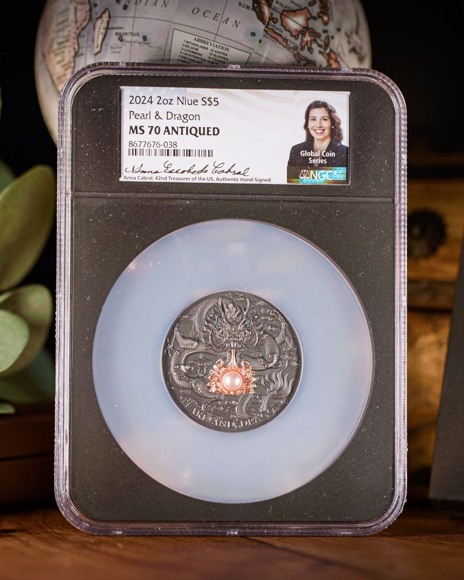 2024 Niue Divine Pearls Pink Pearl and Dragon $5 Silver Antiqued Coin | NGC Antiqued MS70 | Anna Cabral Autographed