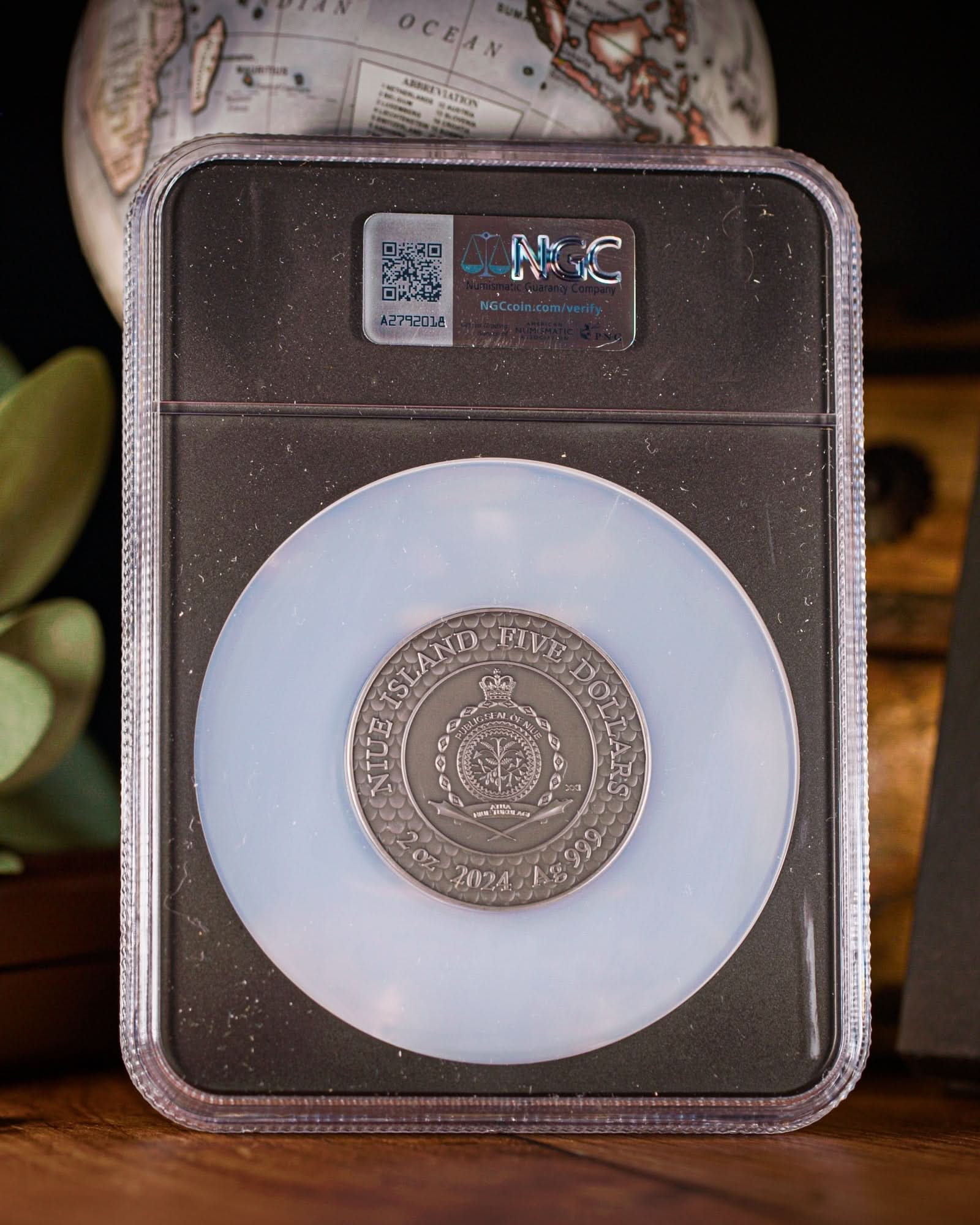 2024 Niue Divine Pearls Pink Pearl and Dragon $5 Silver Antiqued Coin | NGC Antiqued MS70 | Anna Cabral Autographed