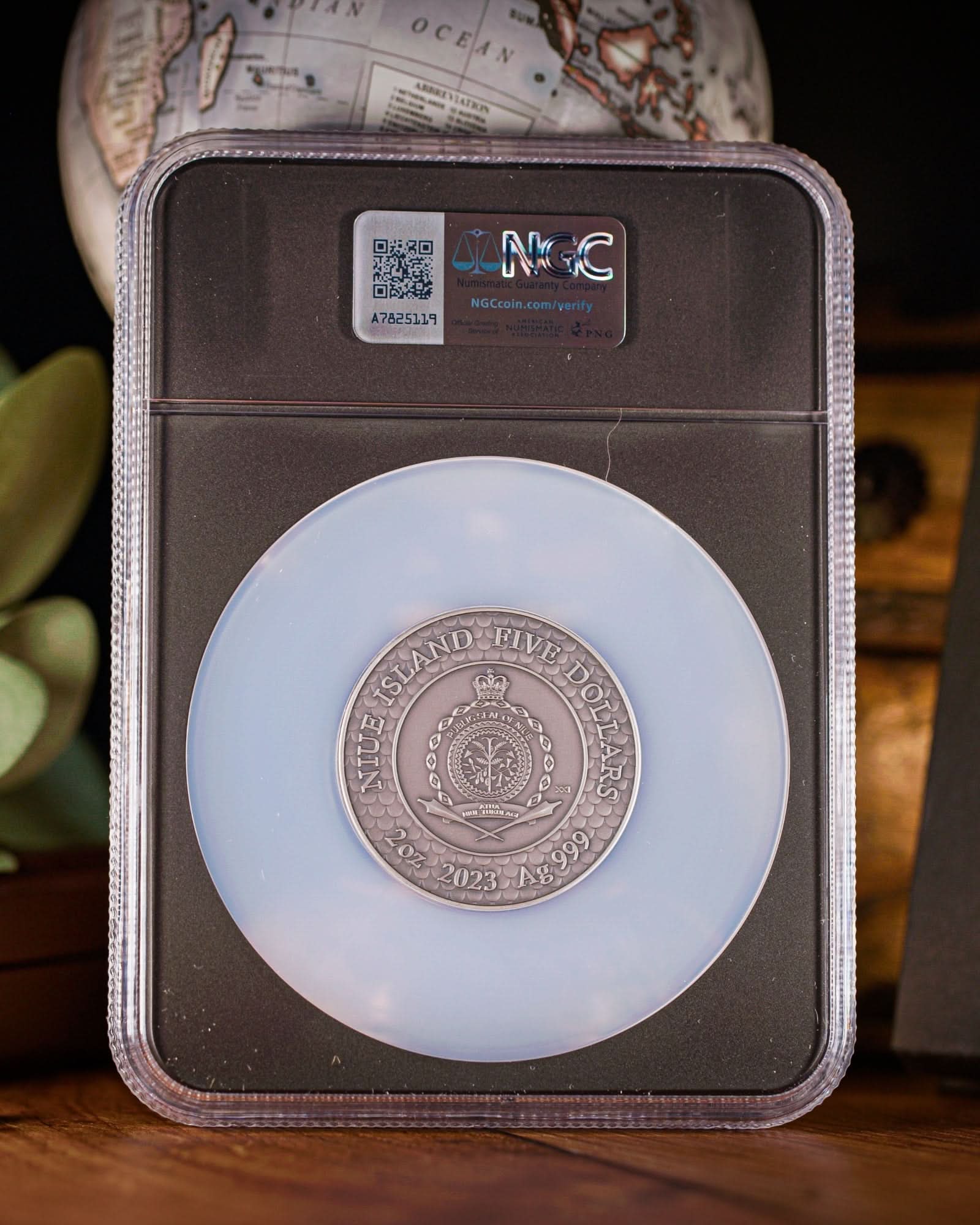 2023 Niue Divine Pearls Black Pearl and Dragon $5 Silver Antiqued Coin | NGC Antiqued MS70 | Anna Cabral Autographed