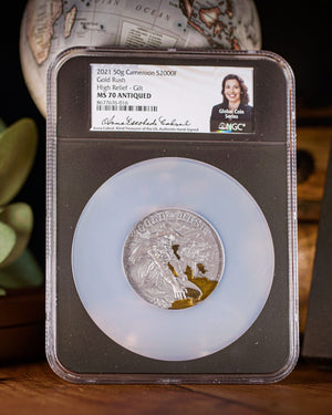 2021 Cameroon Gold Rush High Relief Gilt 2000 Francs Silver Antiqued Coin | NGC Antiqued MS70 | Anna Cabral Global Coin Series Autographed