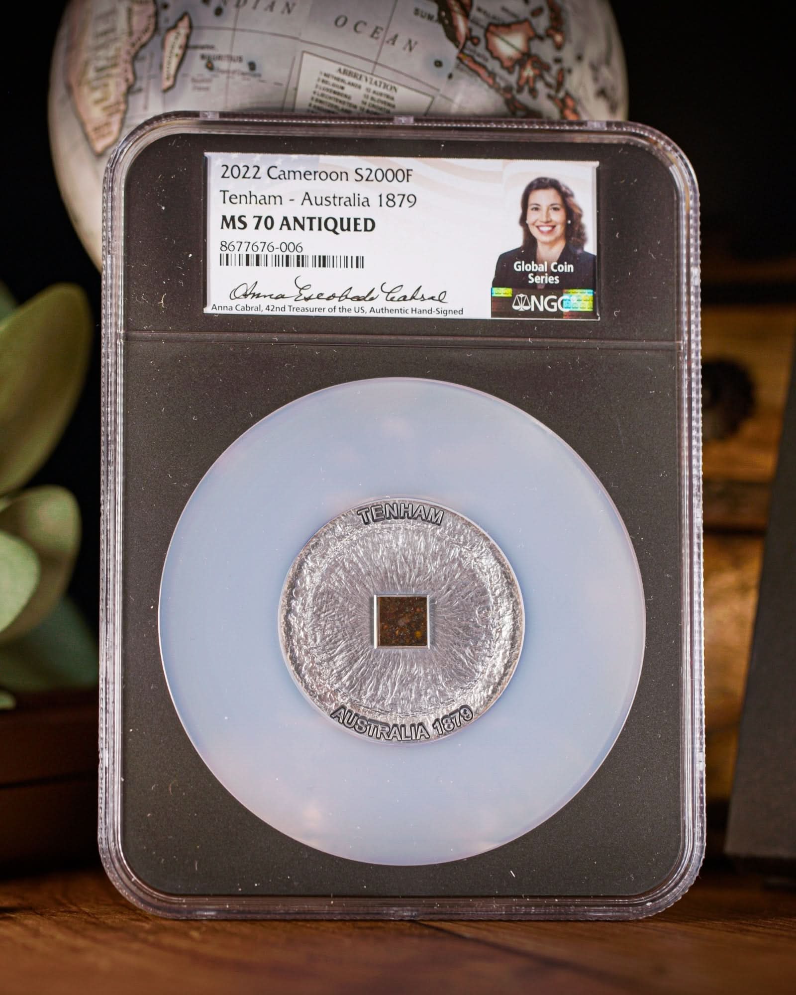 2022 Cameroon Meteorite Tenham 50g Silver Antiqued Coin | NGC Antiqued MS70 | Anna Cabral Autographed