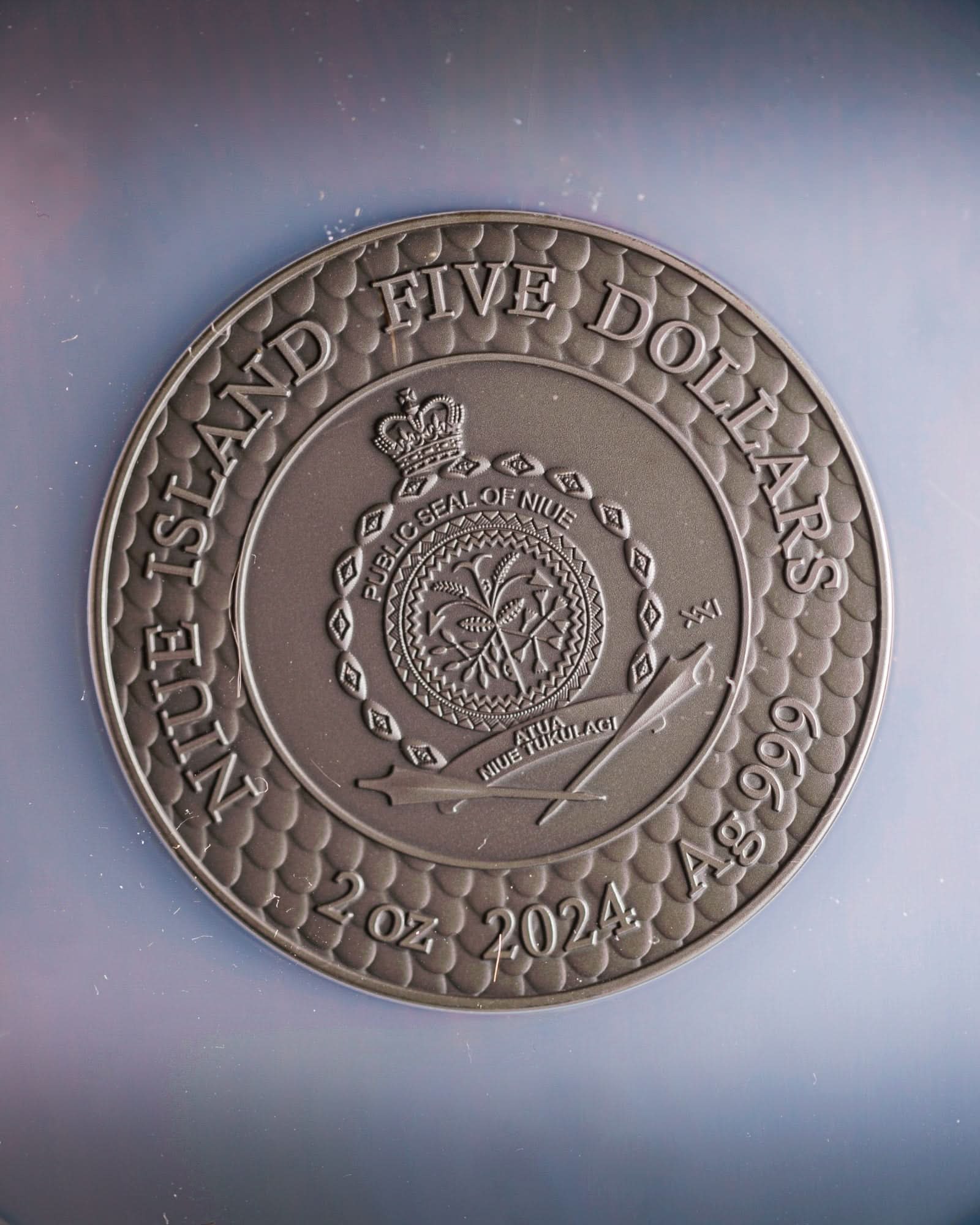 2024 Niue Divine Pearls Pink Pearl and Dragon $5 Silver Antiqued Coin | NGC Antiqued MS70 | Anna Cabral Autographed