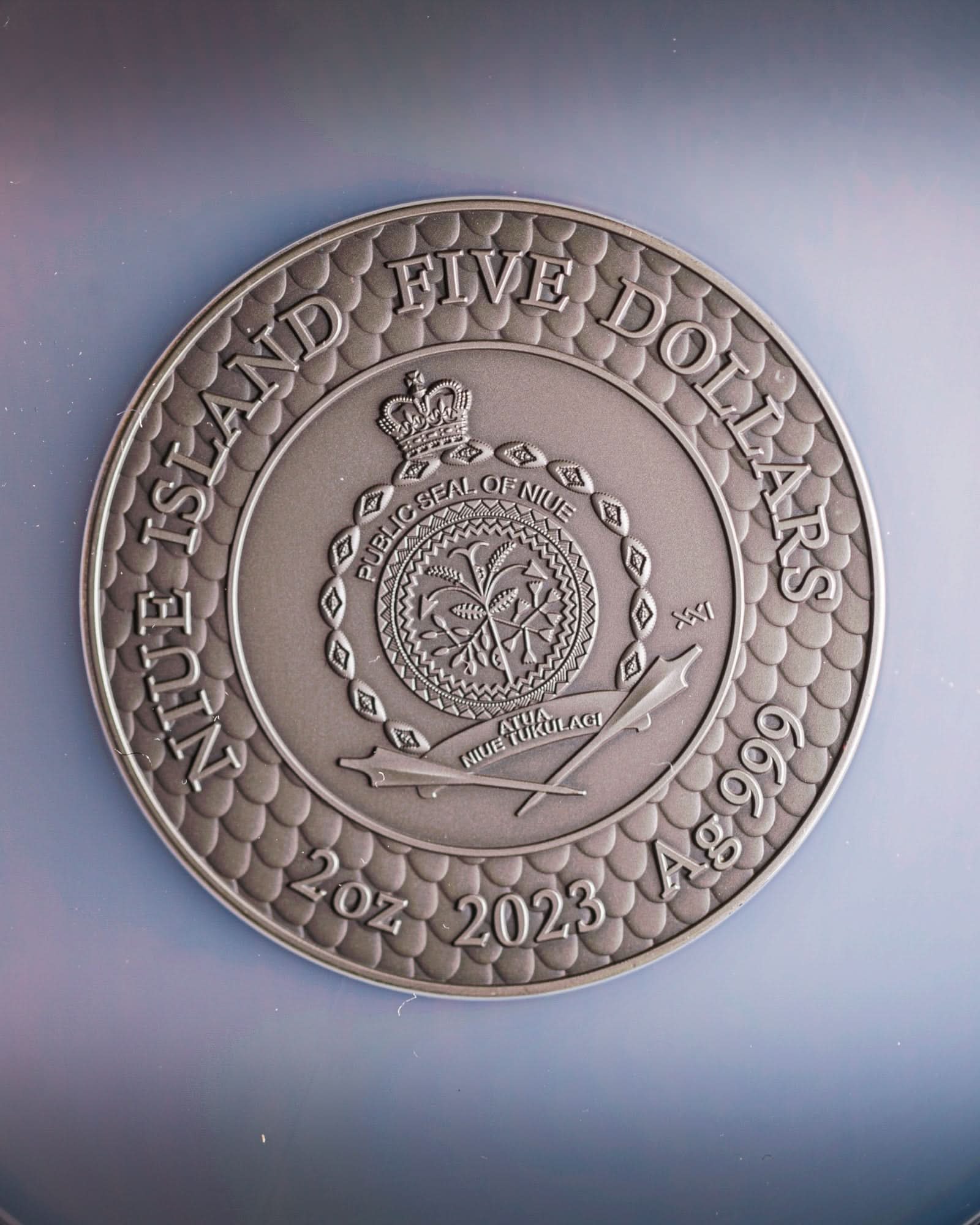 2023 Niue Divine Pearls Black Pearl and Dragon $5 Silver Antiqued Coin | NGC Antiqued MS70 | Anna Cabral Autographed