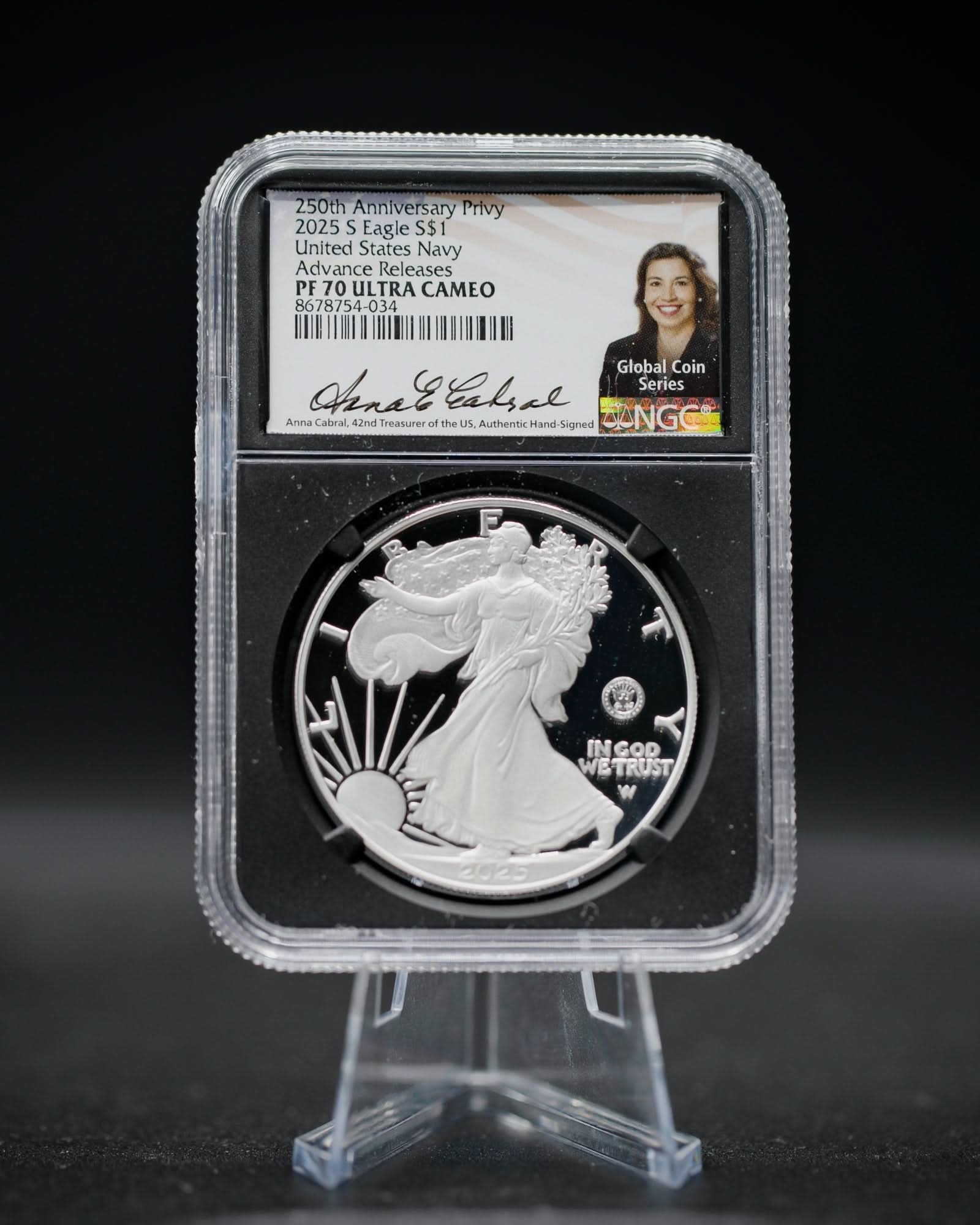 2025-W U.S. Navy 250th Anniversary Privy Proof Silver Eagle | NGC PF70 Ultra Cameo Advance Releases | Anna Cabral Autographed
