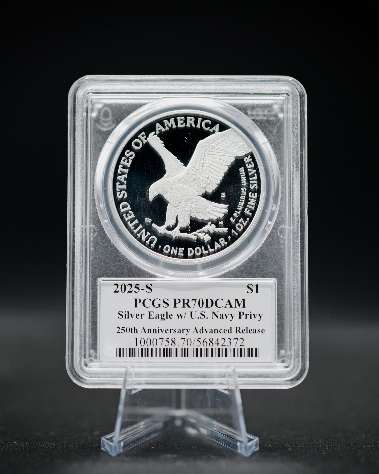 2025-S U.S. Navy 250th Anniversary Privy Proof Silver Eagle | PCGS PR70 Deep Cameo Advanced Release | Stephanie Sabin Autographed