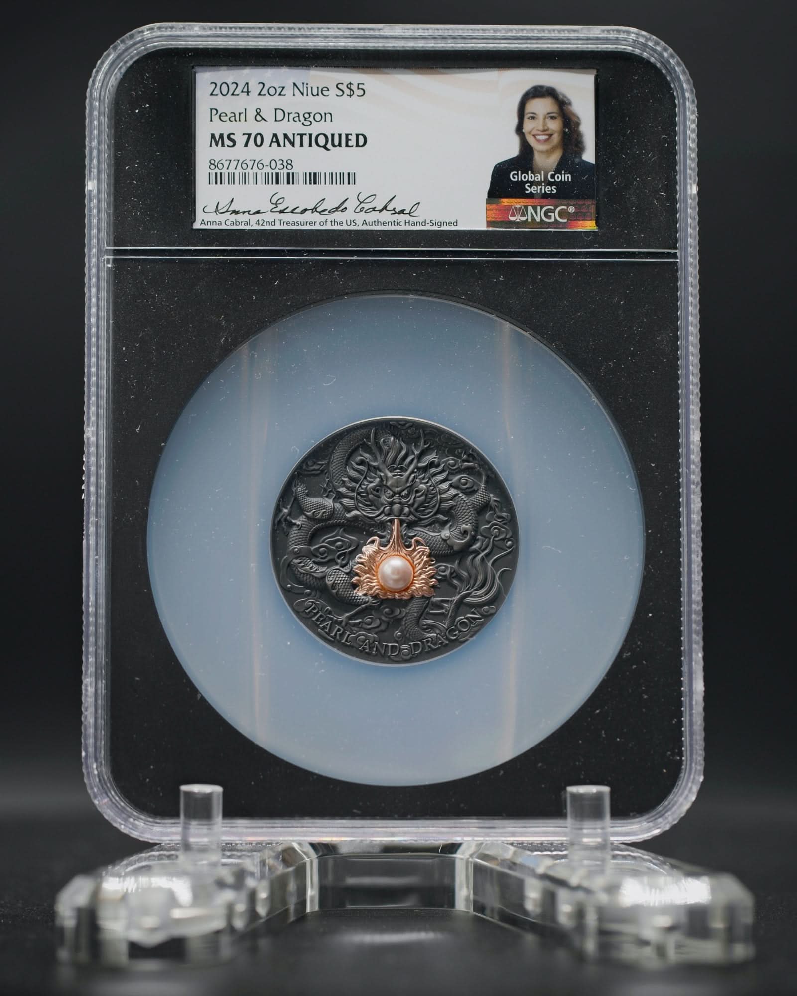 2024 Niue Divine Pearls Pink Pearl and Dragon $5 Silver Antiqued Coin | NGC Antiqued MS70 | Anna Cabral Autographed