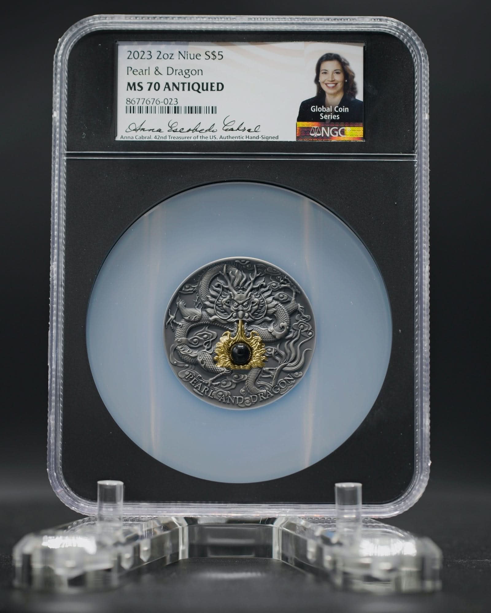 2023 Niue Divine Pearls Black Pearl and Dragon $5 Silver Antiqued Coin | NGC Antiqued MS70 | Anna Cabral Autographed