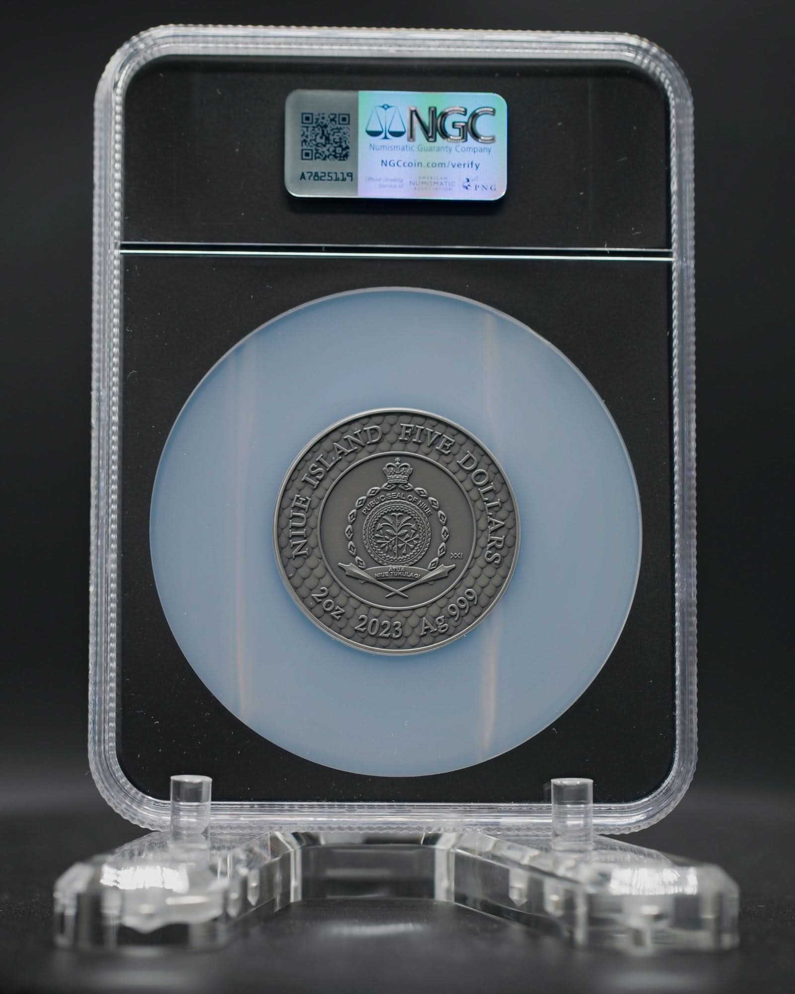 2023 Niue Divine Pearls Black Pearl and Dragon $5 Silver Antiqued Coin | NGC Antiqued MS70 | Anna Cabral Autographed