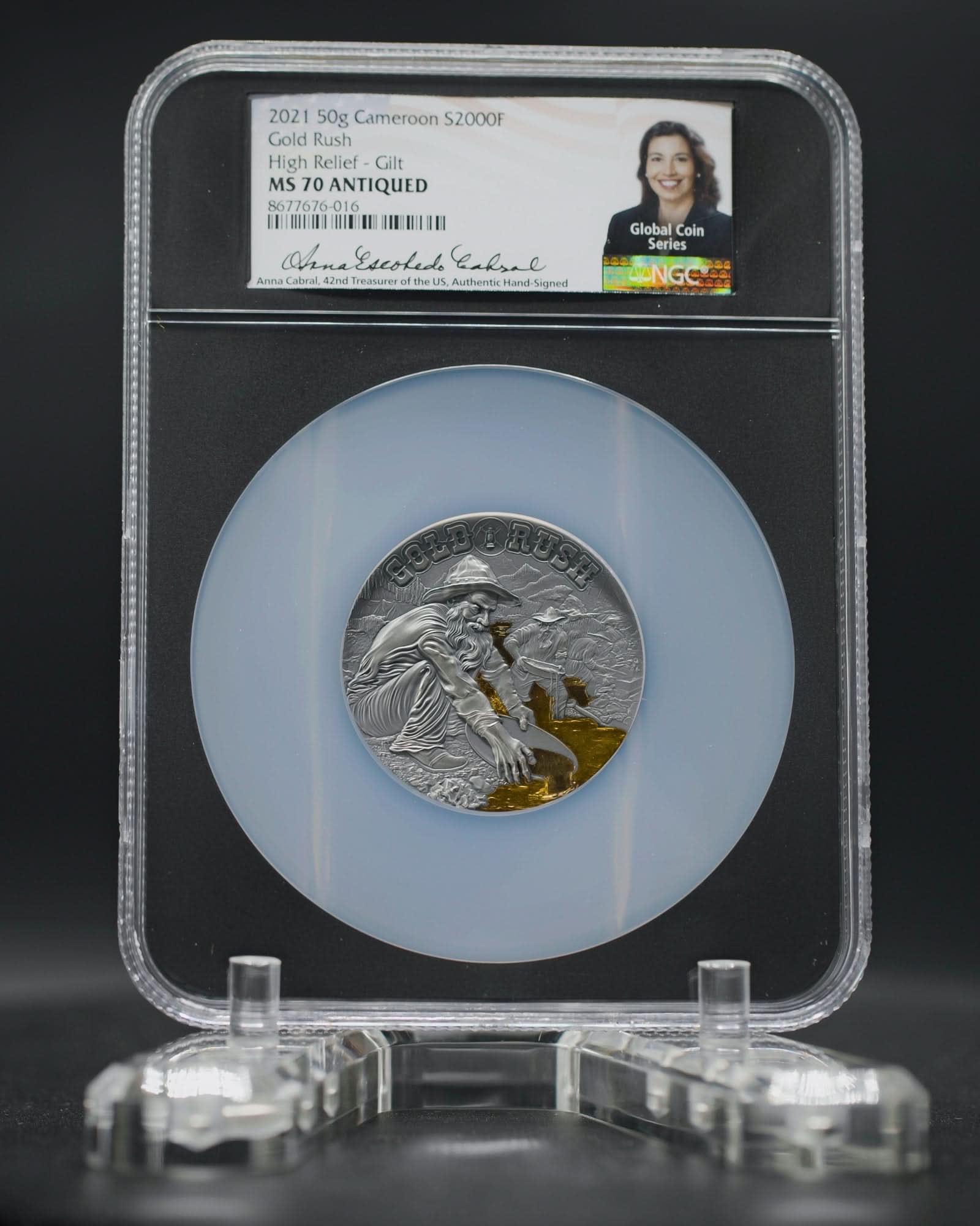 2021 Cameroon Gold Rush High Relief Gilt 2000 Francs Silver Antiqued C
