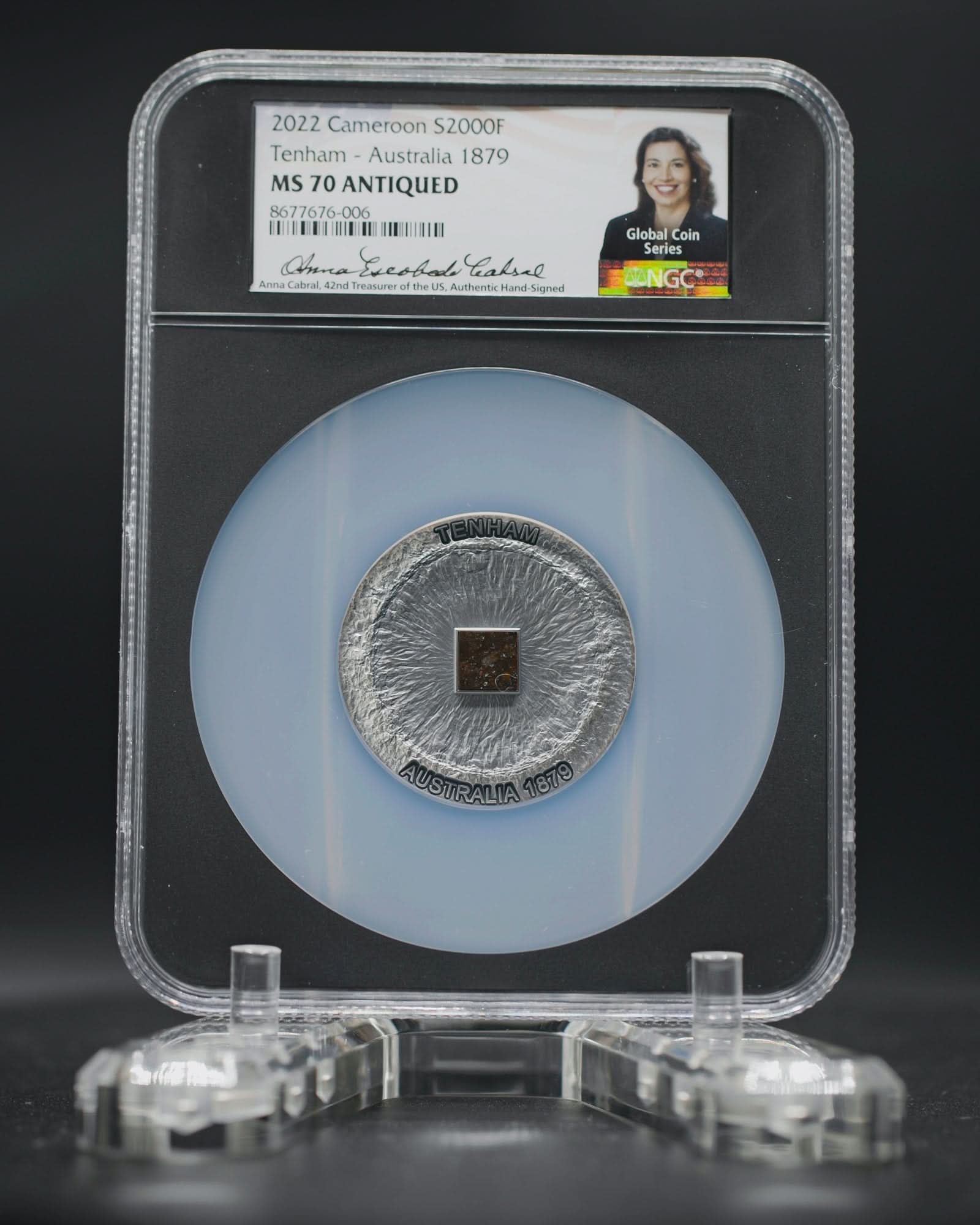 2022 Cameroon Meteorite Tenham 50g Silver Antiqued Coin | NGC Antiqued MS70 | Anna Cabral Autographed