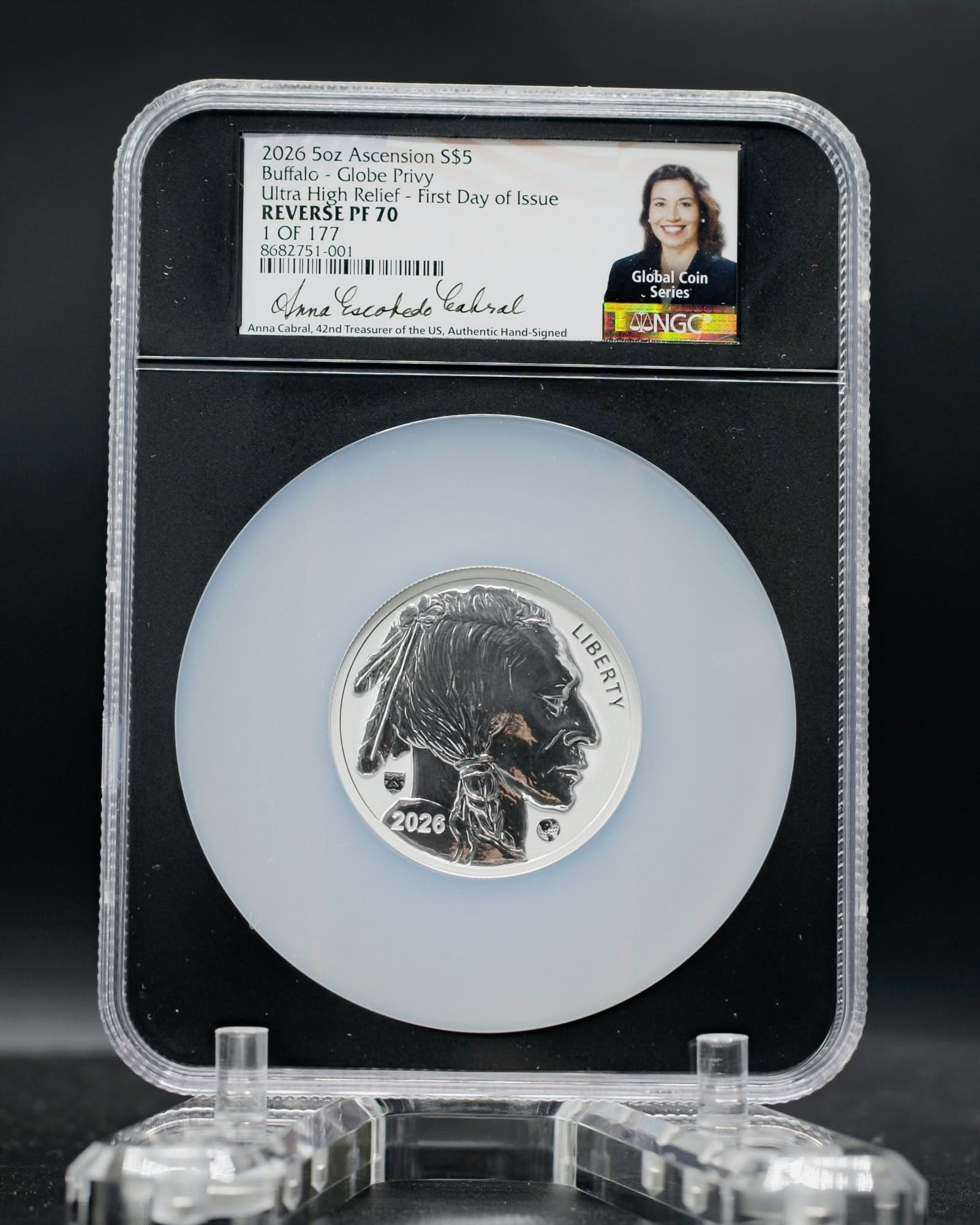 2026 $5 5oz Reverse Proof Buffalo Coin - Ultra-Rare 250th Anniversary Edition | Global Privy Reverse PF70 | Anna Cabral Autographed