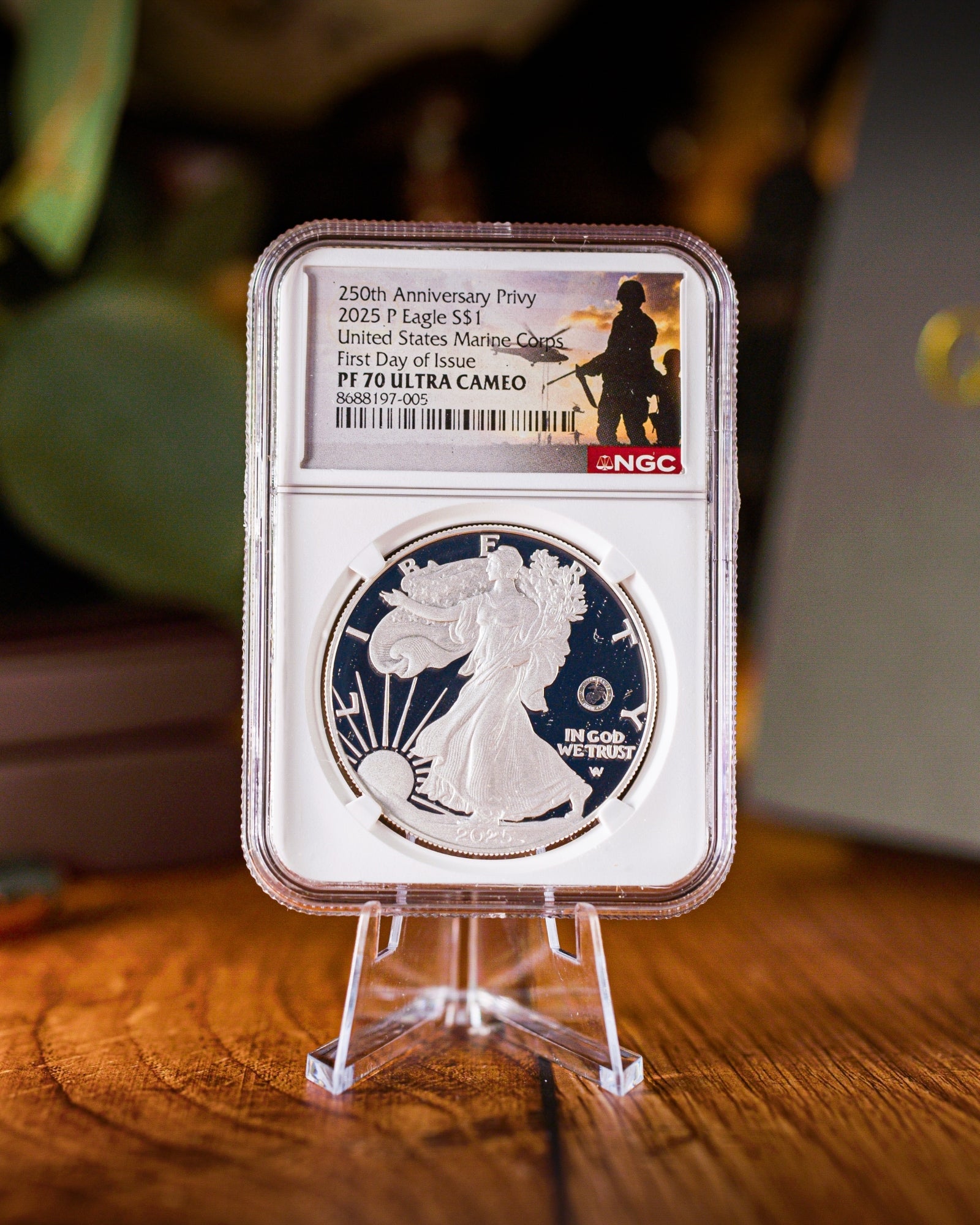 2025-P American Silver Eagle Proof | PF70 Ultra Cameo First Day of Issue | Marine Corps Label