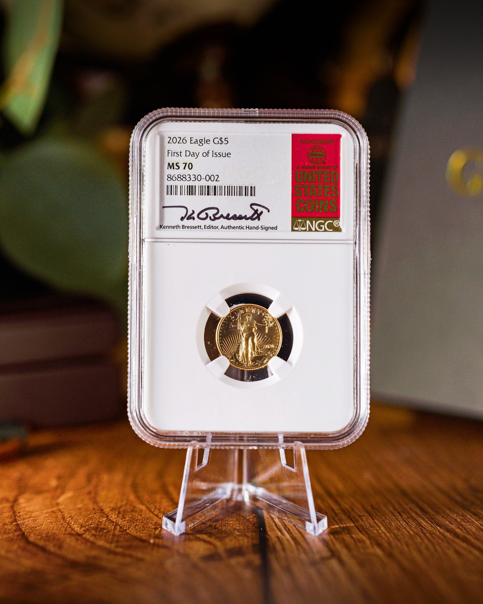 2026 $5 American Gold Eagle | MS70 First Day of Issue | Kenneth Bressett Autographed