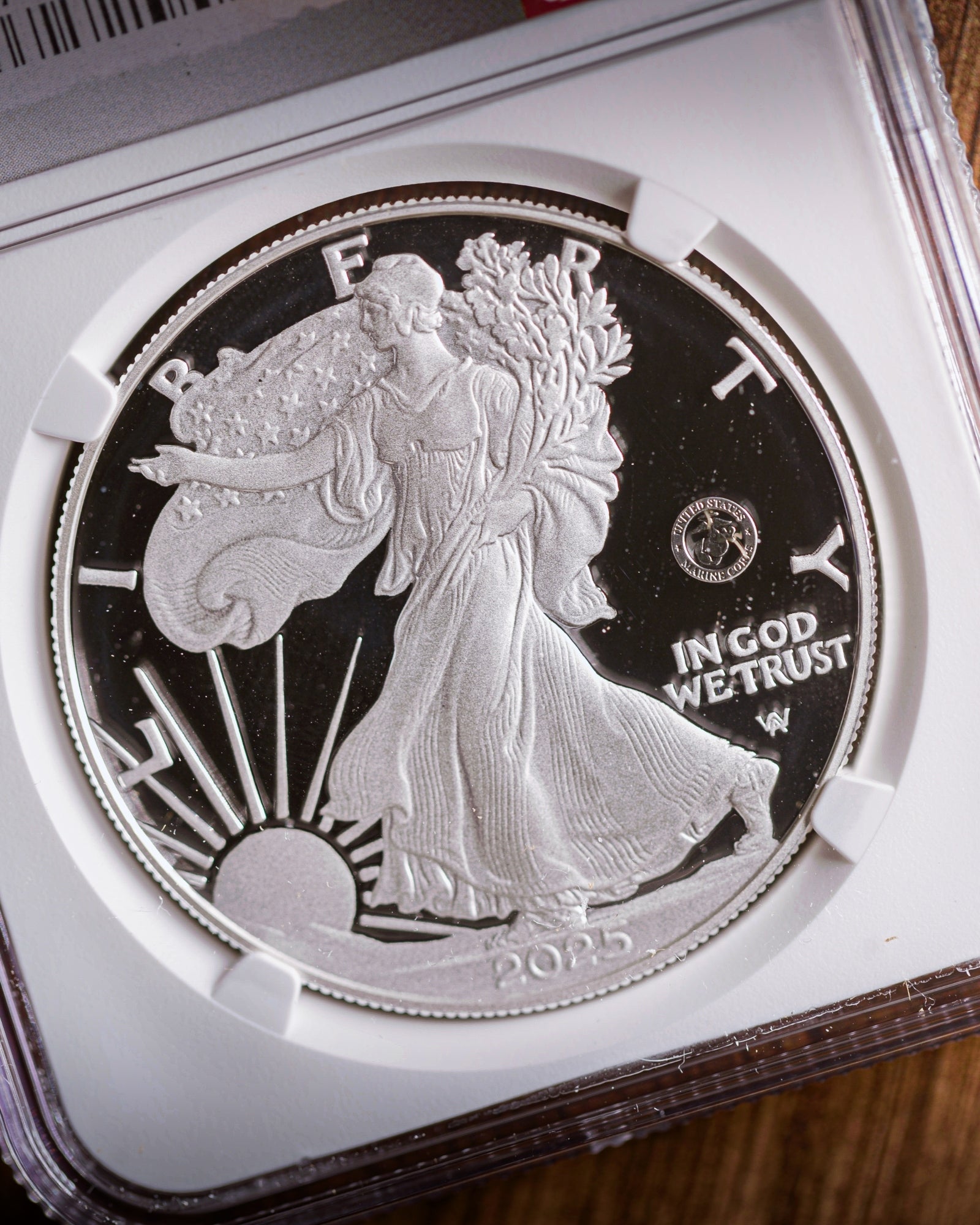 2025-P American Silver Eagle Proof | PF70 Ultra Cameo First Day of Issue | Marine Corps Label