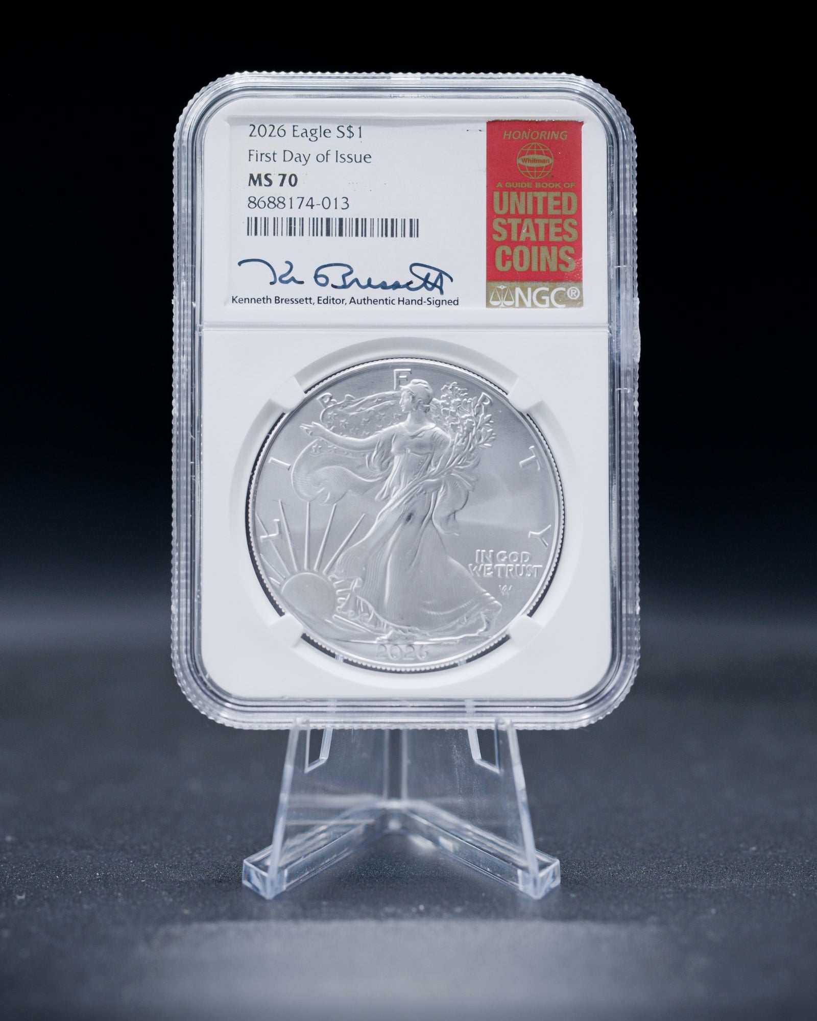 2026 $1 American Silver Eagle | MS70 First Day of Issue | Kenneth Bressett Autographed