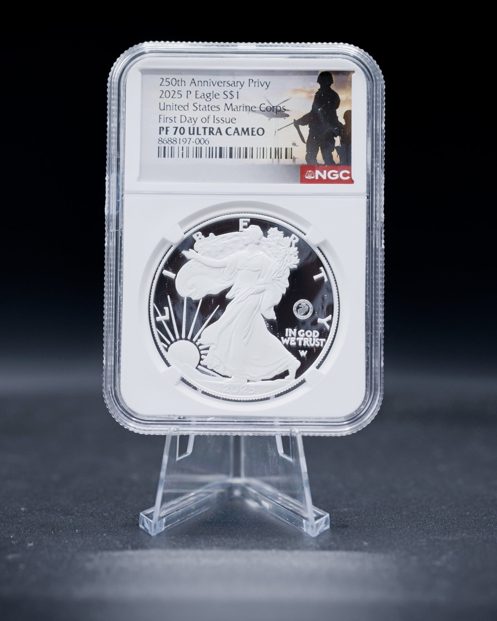 2025-P American Silver Eagle Proof | PF70 Ultra Cameo First Day of Issue | Marine Corps Label
