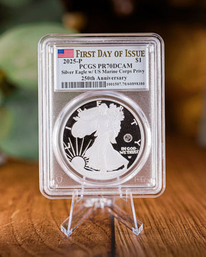2025 “P” Marines Privy Silver Eagle "250th Anniversary"| PCGS First Day of Issue PR70 Deep Cameo