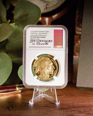 1776-2026 W 1 oz Liberty Bell Privy 250th Anniversary Gold Buffalo Advanced Release | NGC PF70 Ultra Cameo | Kenneth Bressett Autographed