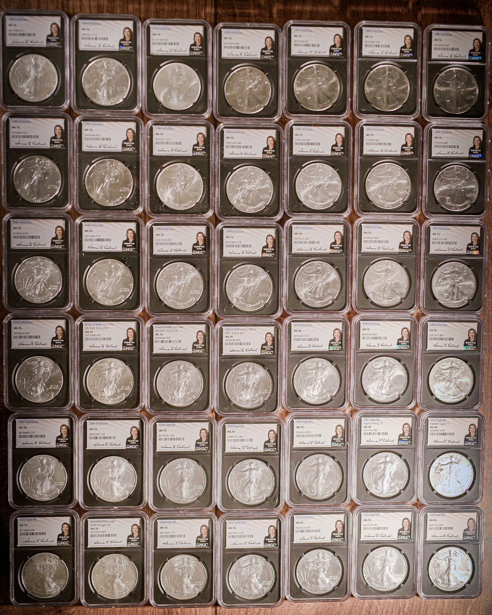 1986-2026 1 oz Silver Eagle Complete MS70 Set | The Impossible Set | NGC Global Coin Series | Anna Escobedo Cabral Autographed