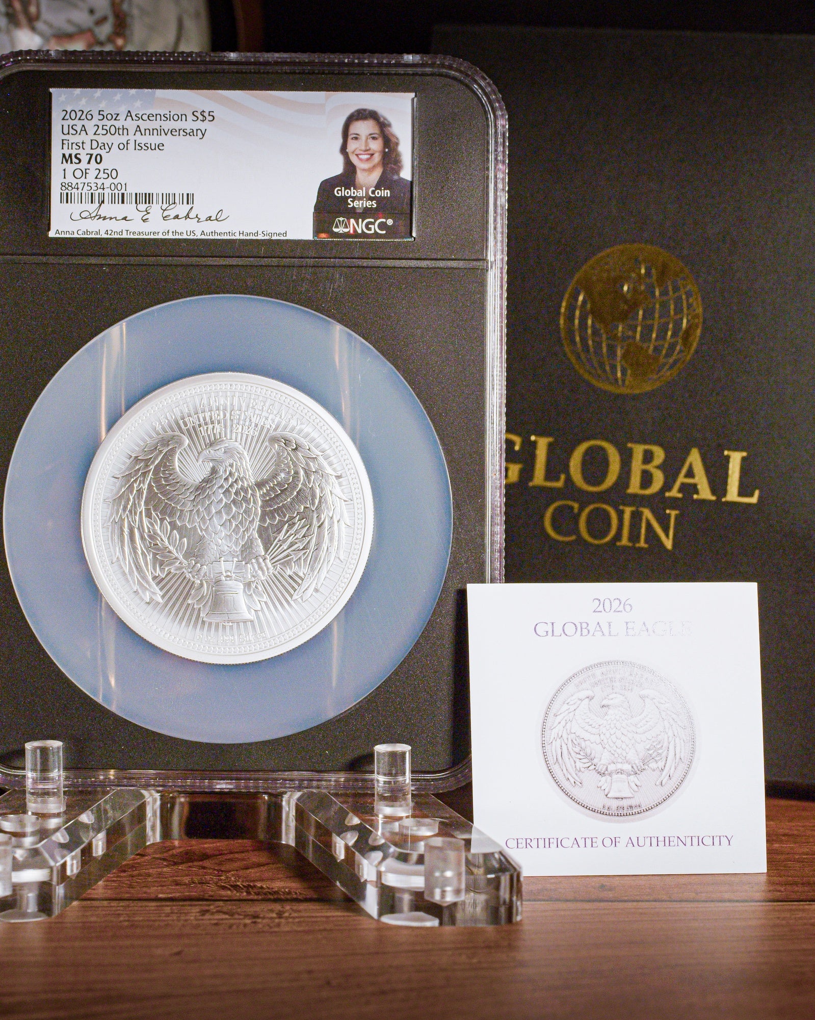 2026 USA 250th Anniversary 5 oz Silver Eagle | NGC First Day of Issue | Anna Escobedo Cabral Autographed | Global Coin Series MS70