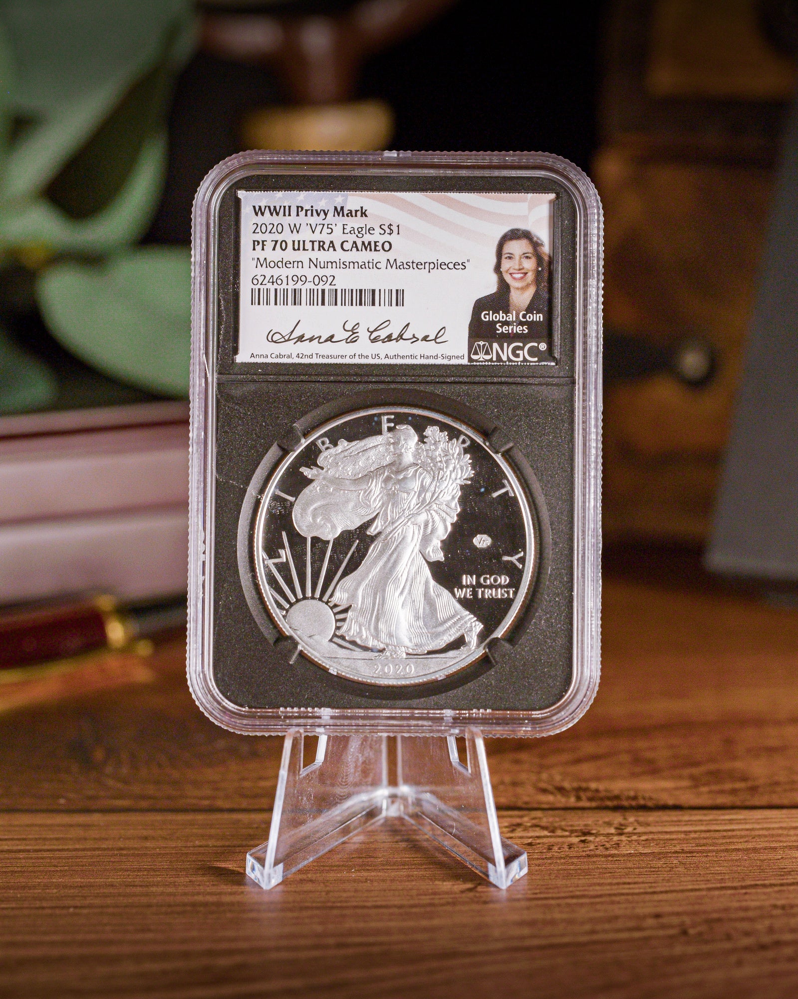 2020-W Silver American Eagle | V75 Privy Mark | NGC Modern Numismatic Masterpieces | Anna Escobedo Cabral Autographed PR70