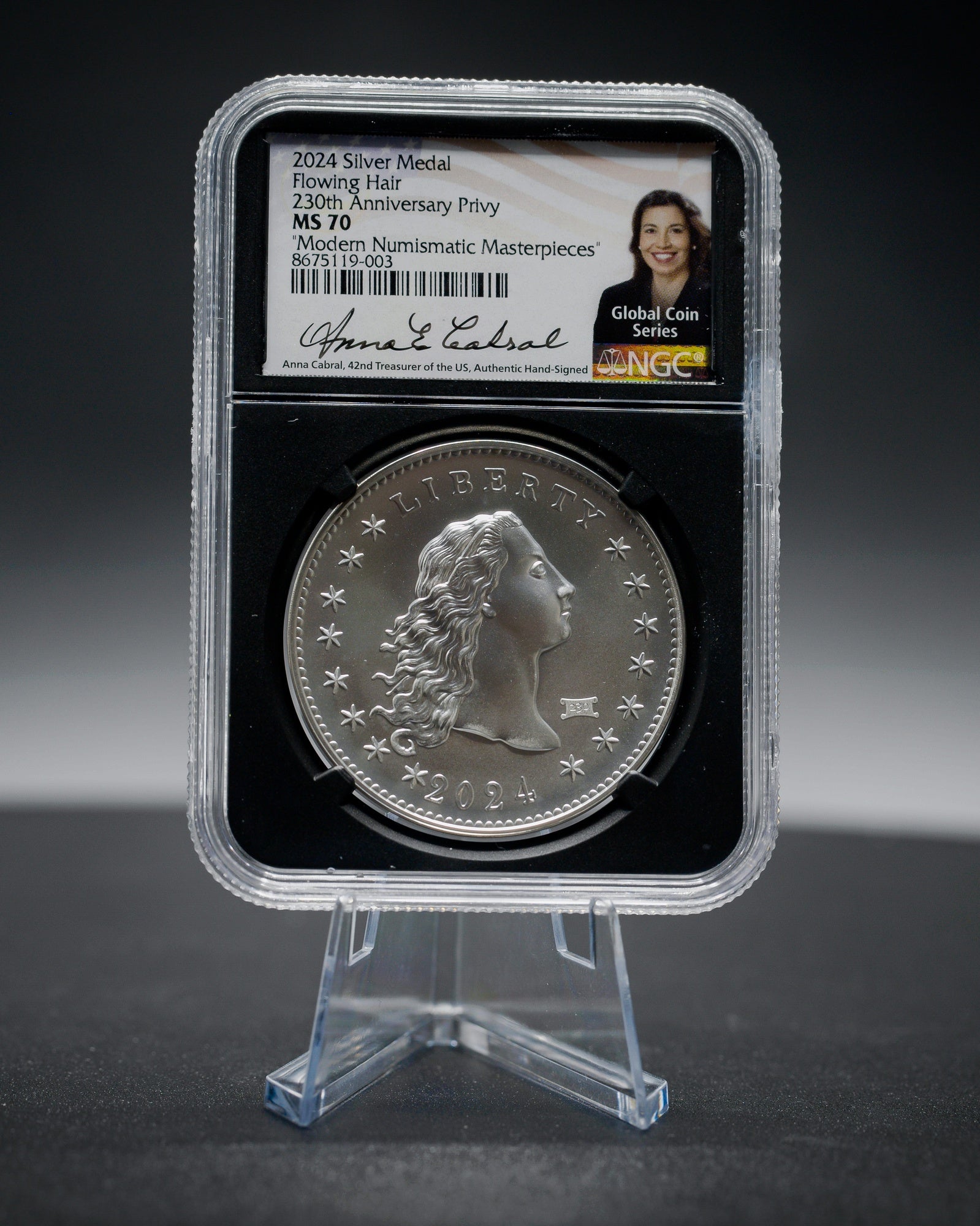 2024 High Relief Flowing Hair Silver "23O ANN" | NGC "Modern Numismatic Masterpieces" MS70 | Anna Cabral Autographed