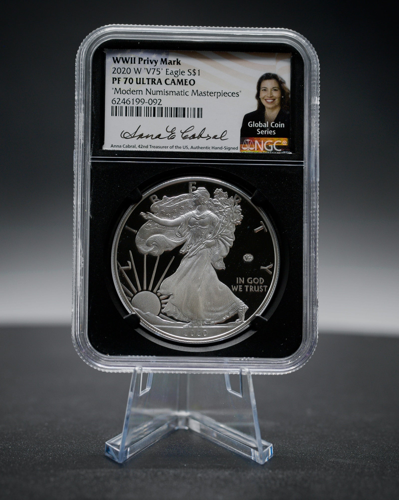 2020-W Silver American Eagle | V75 Privy Mark | NGC Modern Numismatic Masterpieces | Anna Escobedo Cabral Autographed PR70