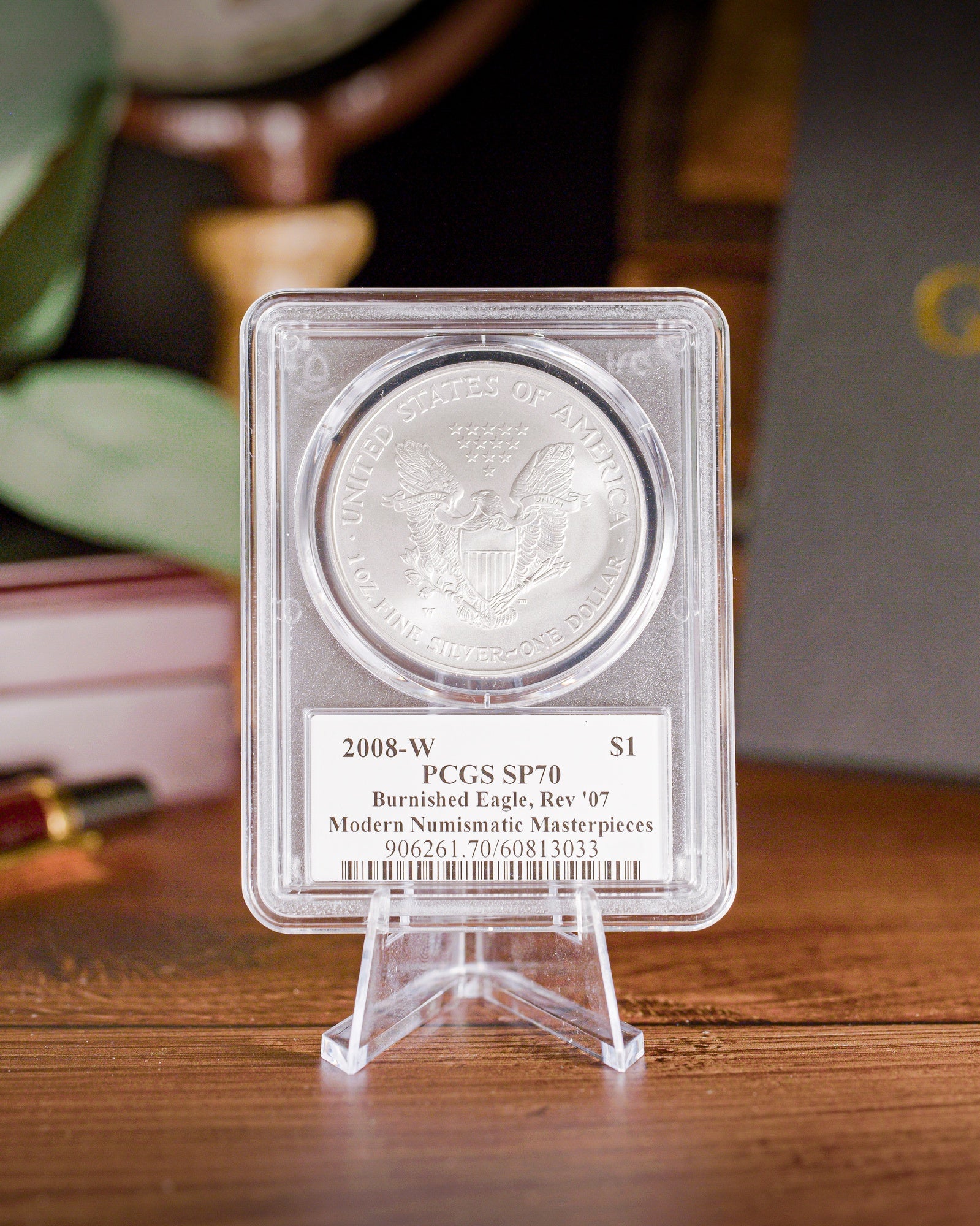 2008 (Reverse of 2007) Burnished Silver American Eagle | PCGS Modern Numismatic Masterpieces | Stephanie Sabin Autographed SP70